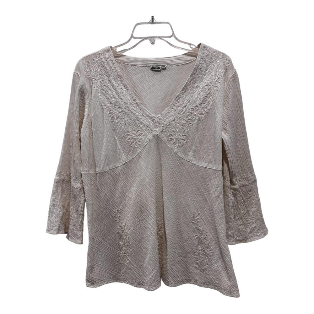 Crinkle Cotton Gauze Blouse Embroidered Sequins‎ V Neck Large Ivory Boho Beach